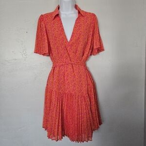 Alexis Women's Medium Pink Orange Floral Short Sleeve Midi Pleated Wrap Dress